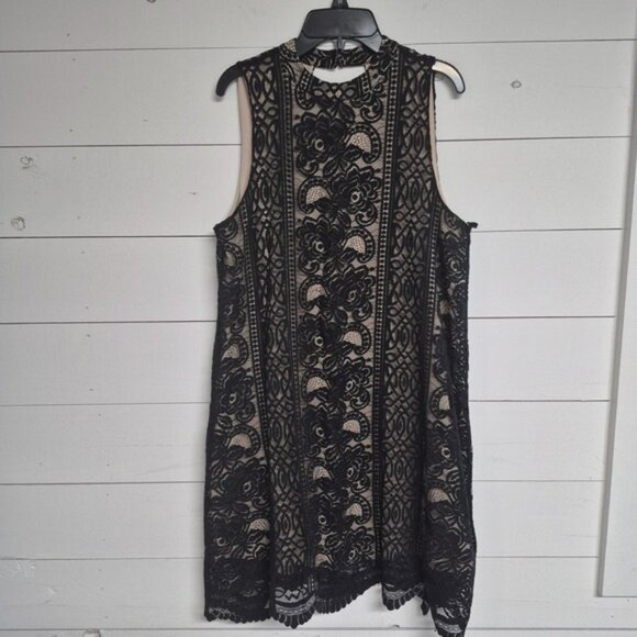 love, Fire Dresses & Skirts - Love Fire Black Lace Sleeveless Dress With Nude Lining Floral Pattern High Neck